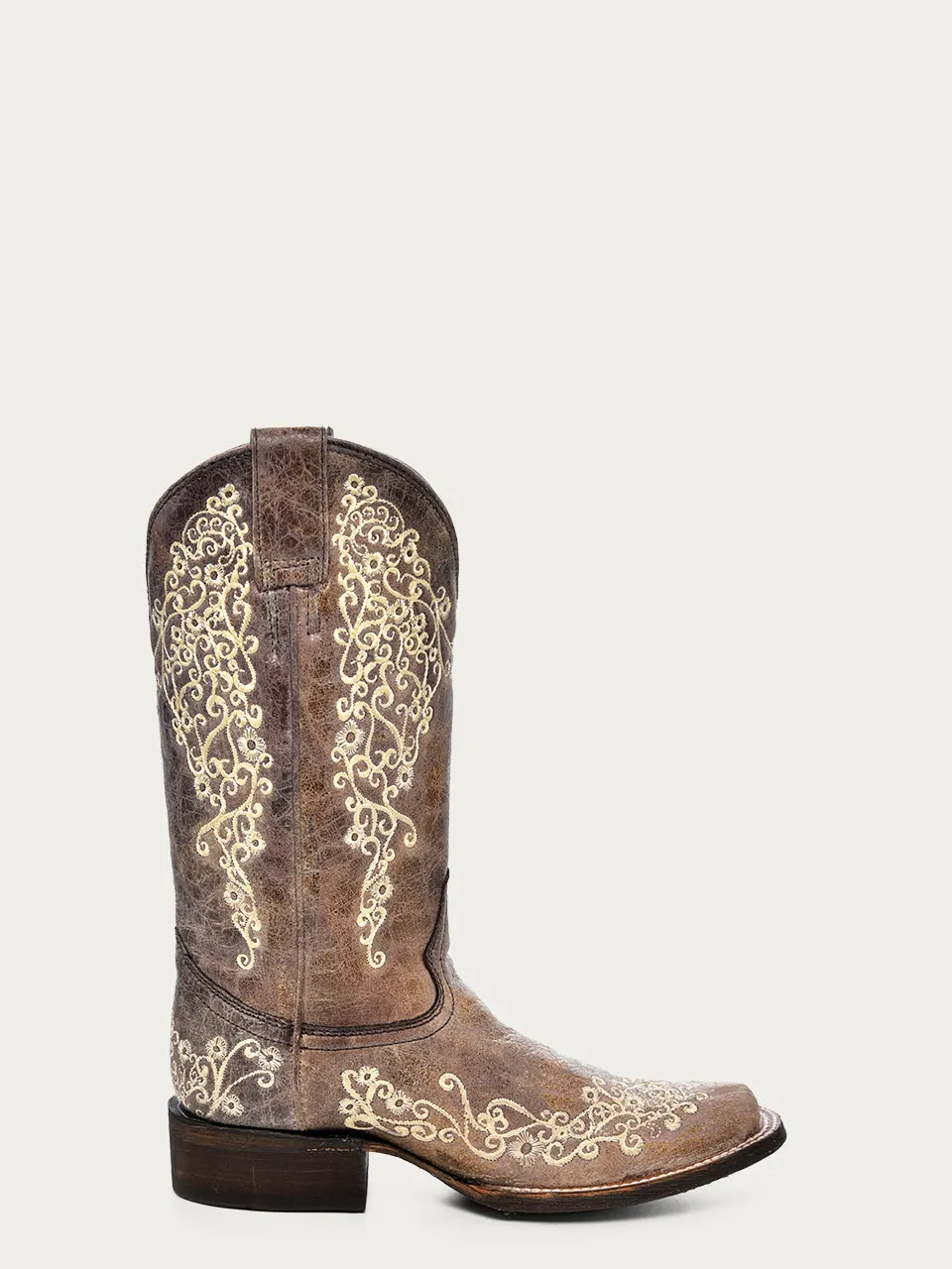 A2663 - WOMEN'S BONE COLOR FLORAL EMBROIDERY SQUARE TOE COWBOY BOOT