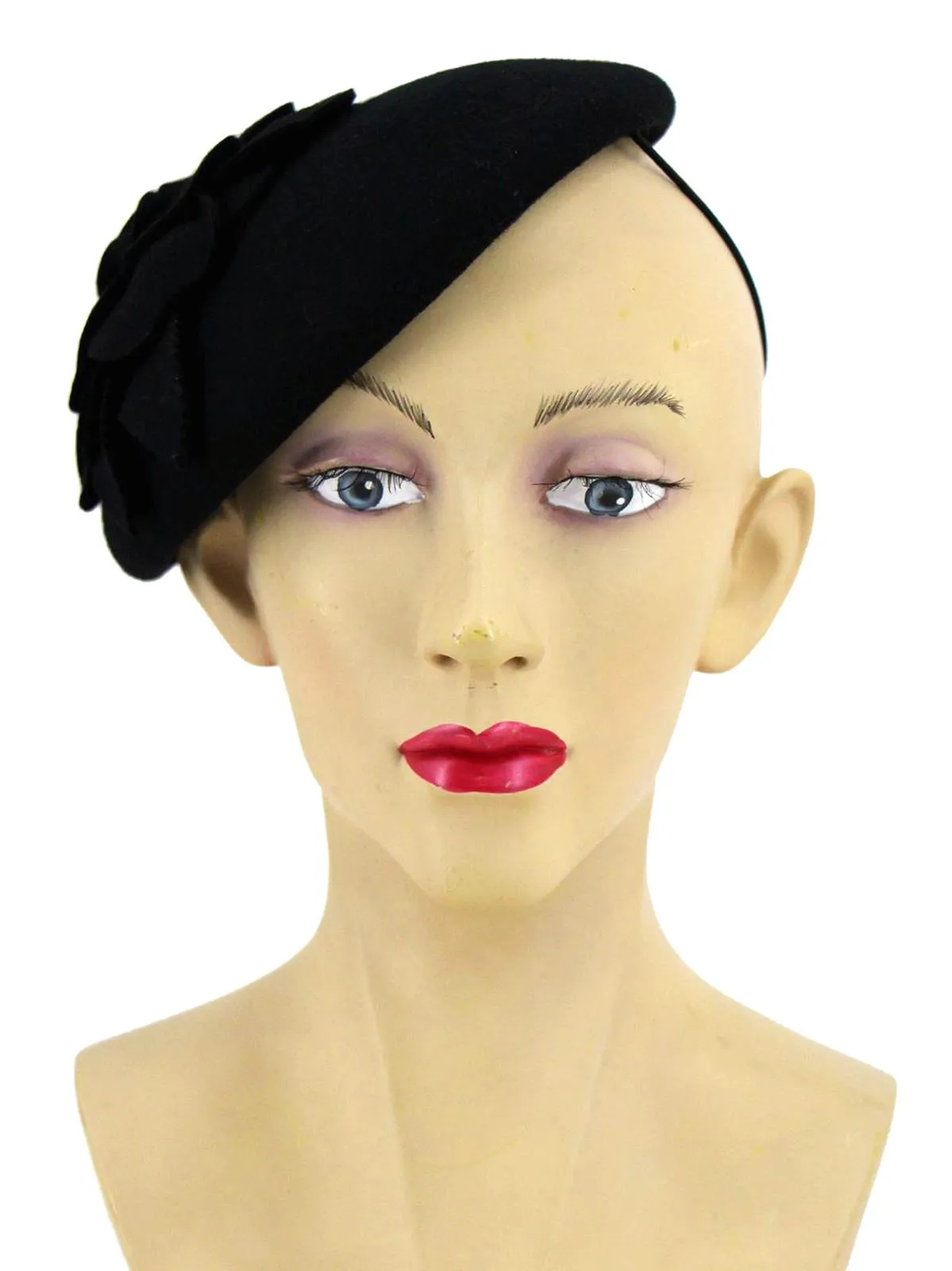 Black Vintage Style Felt Flower Button Hat