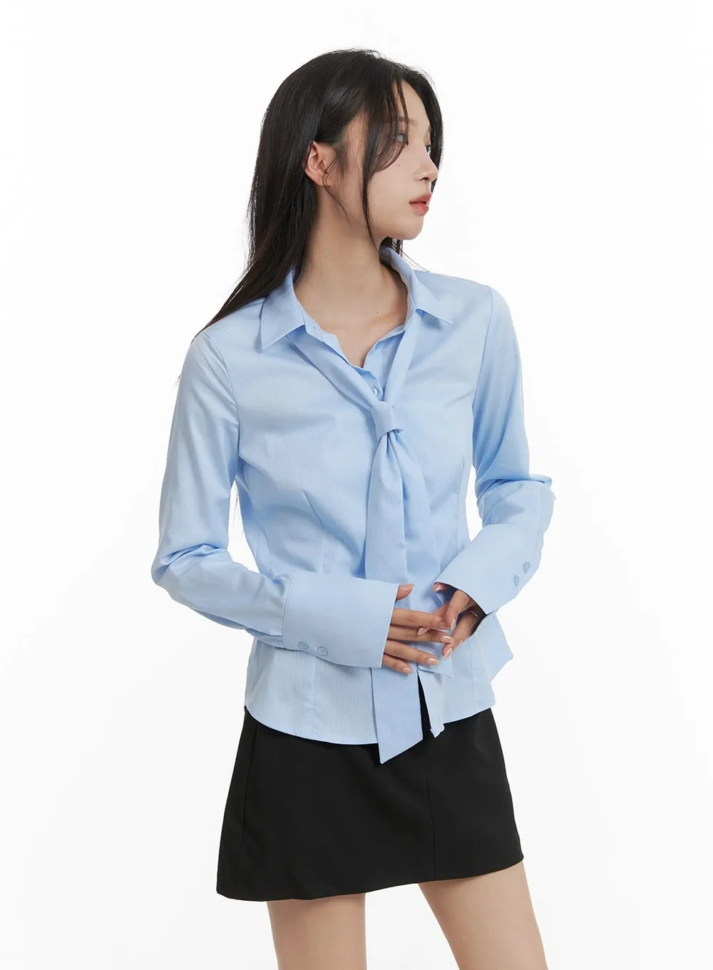 Collared Buttoned Blouse with Tie CM427