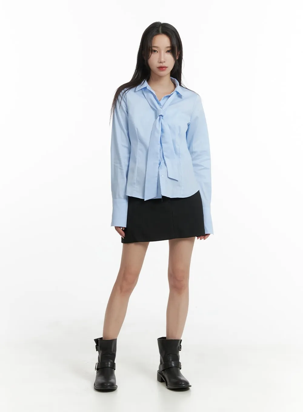 Collared Buttoned Blouse with Tie CM427