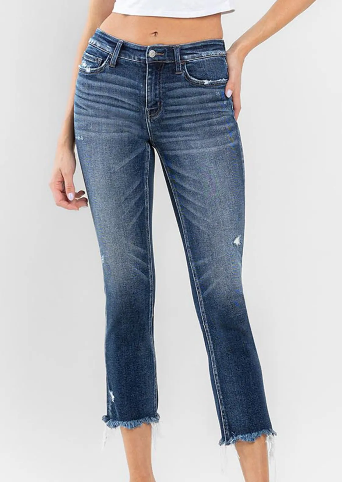 FINAL SALE - Flying Monkey Low Rise Crop Uneven Raw Hem Slim Straight Jeans