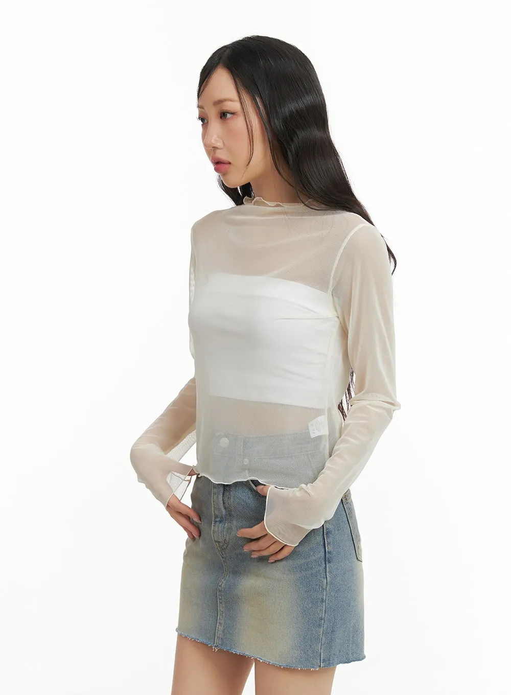 Frill Hem Mesh Long Sleeve Top CM421