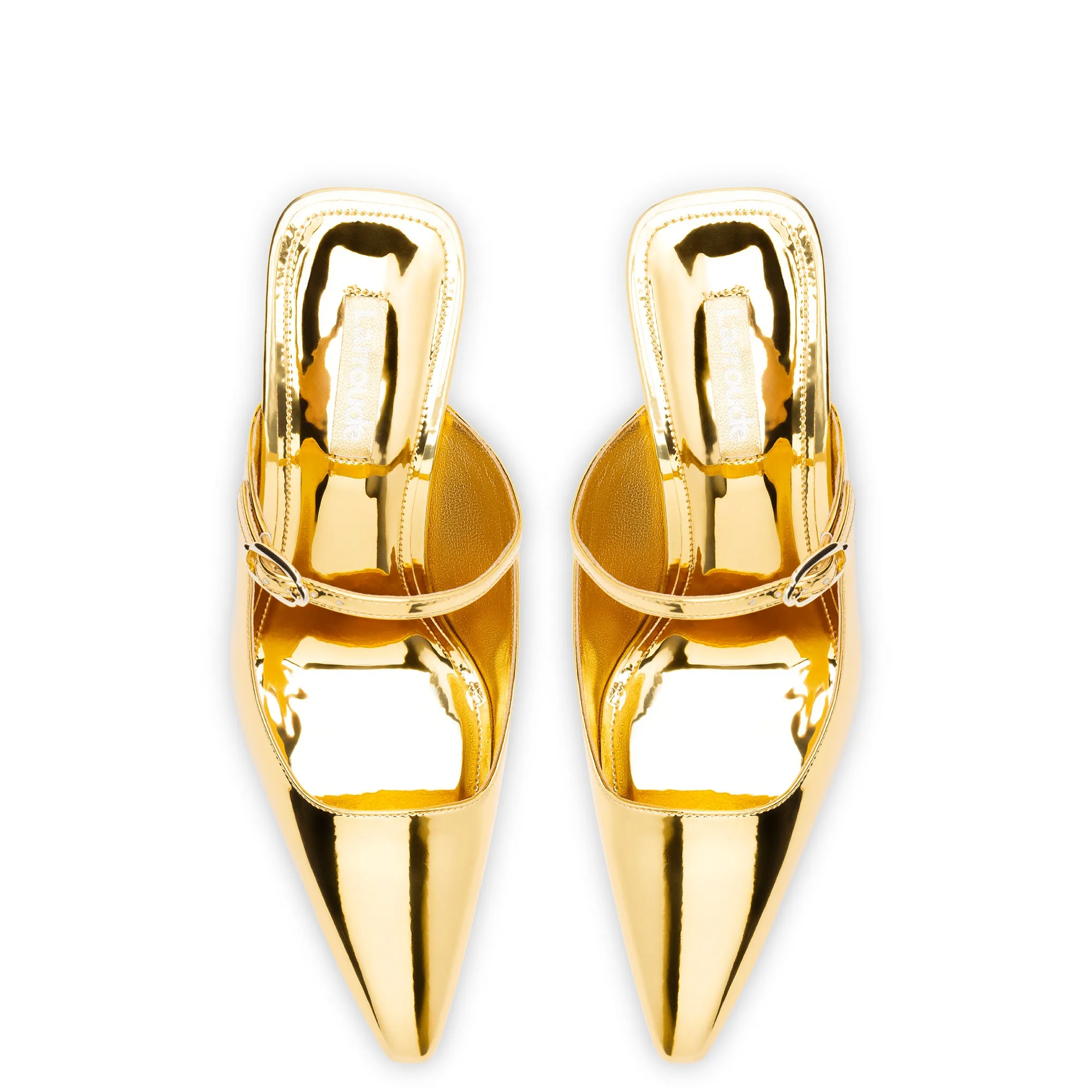 Sure! The optimized title for this e-commerce product in English with modifiers could be: Gold Mirror Leather Ines Mule