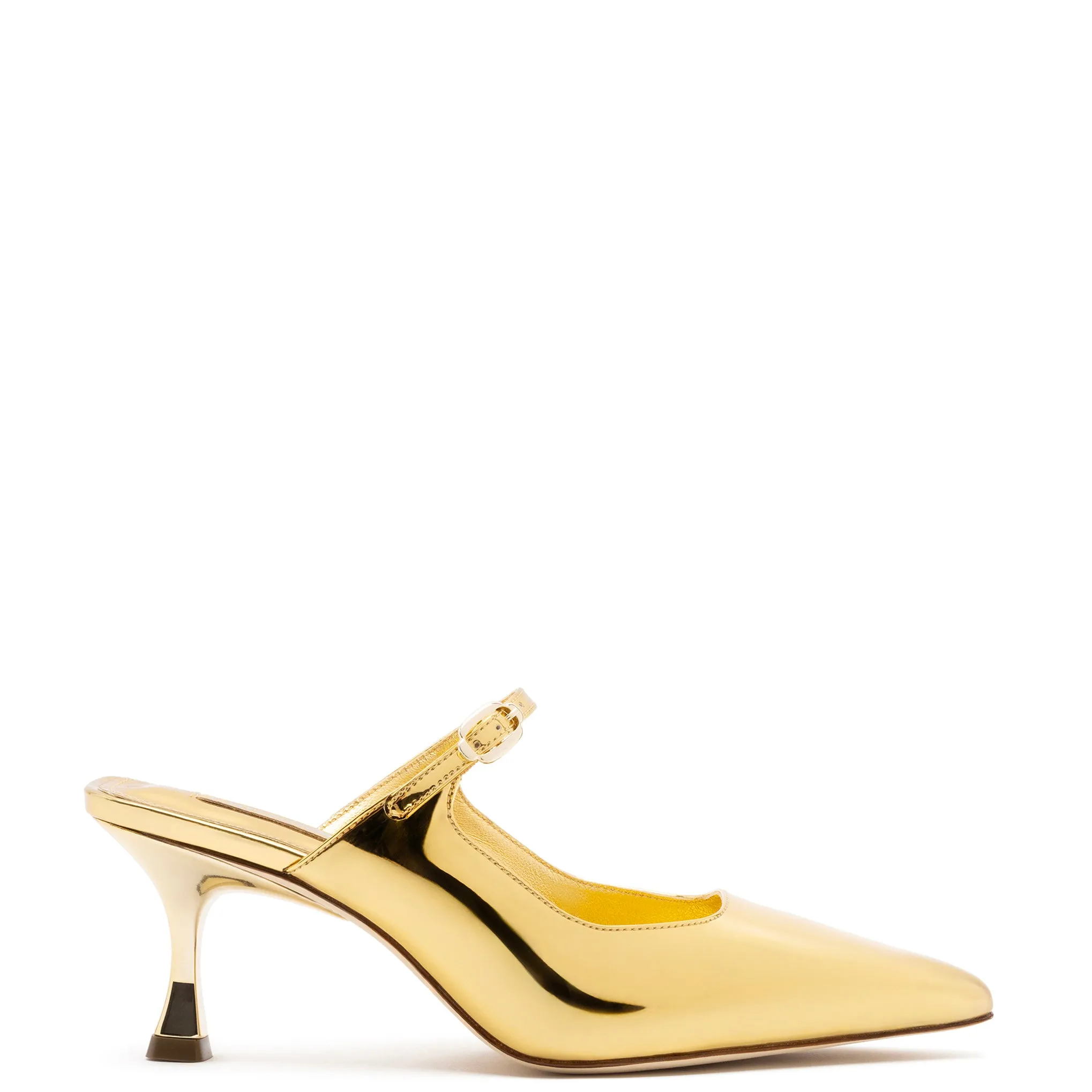 Sure! The optimized title for this e-commerce product in English with modifiers could be: Gold Mirror Leather Ines Mule