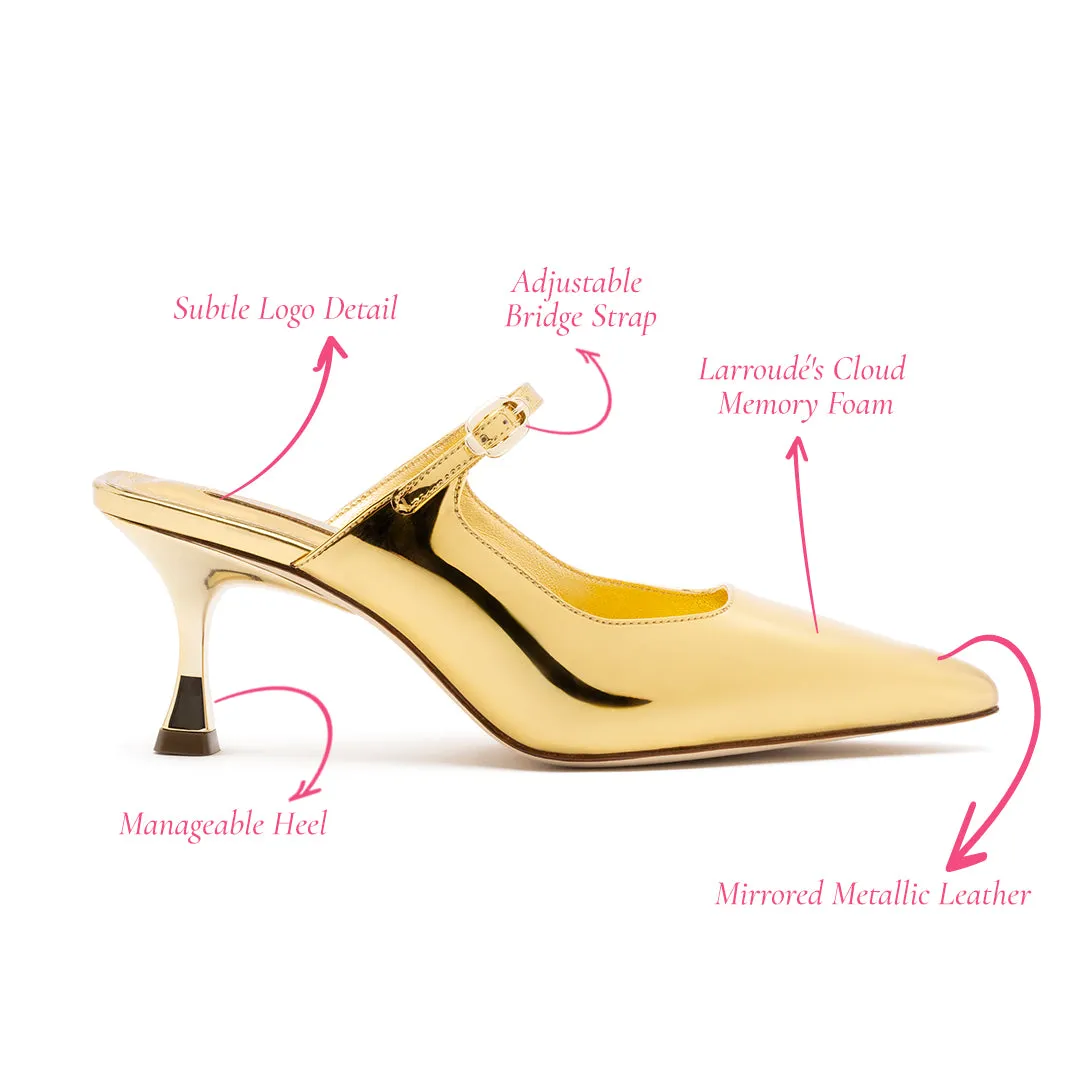 Sure! The optimized title for this e-commerce product in English with modifiers could be: Gold Mirror Leather Ines Mule