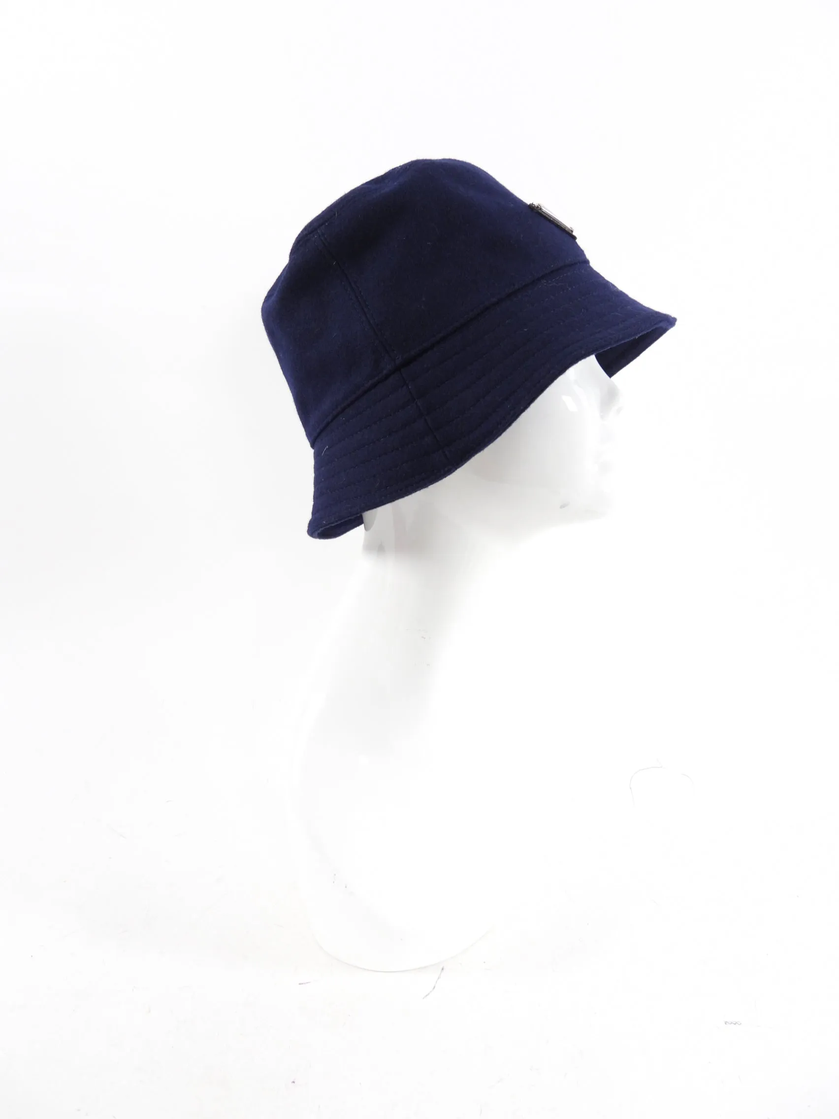 Prada Navy Loden Wool Logo Bucket Hat