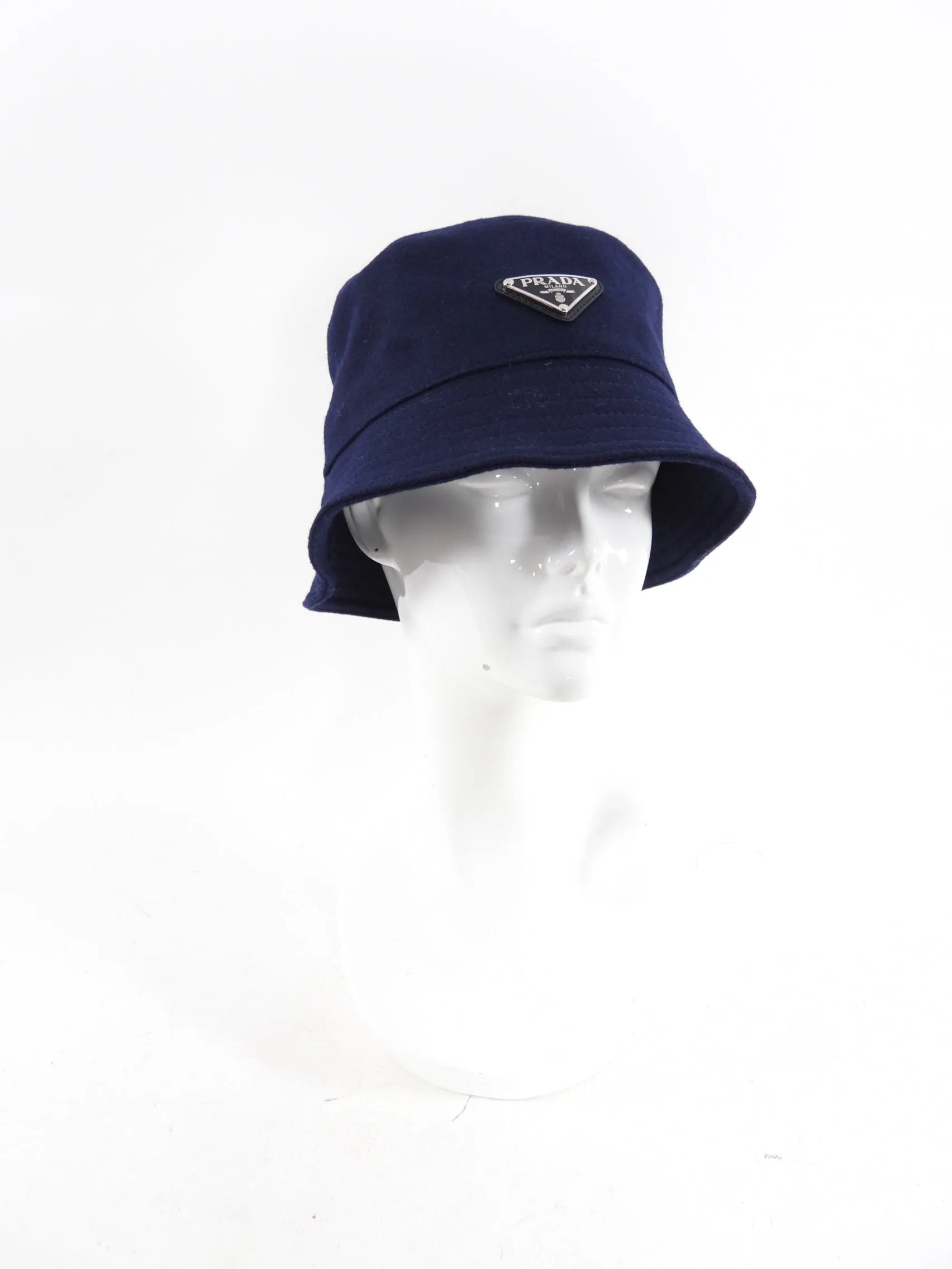 Prada Navy Loden Wool Logo Bucket Hat