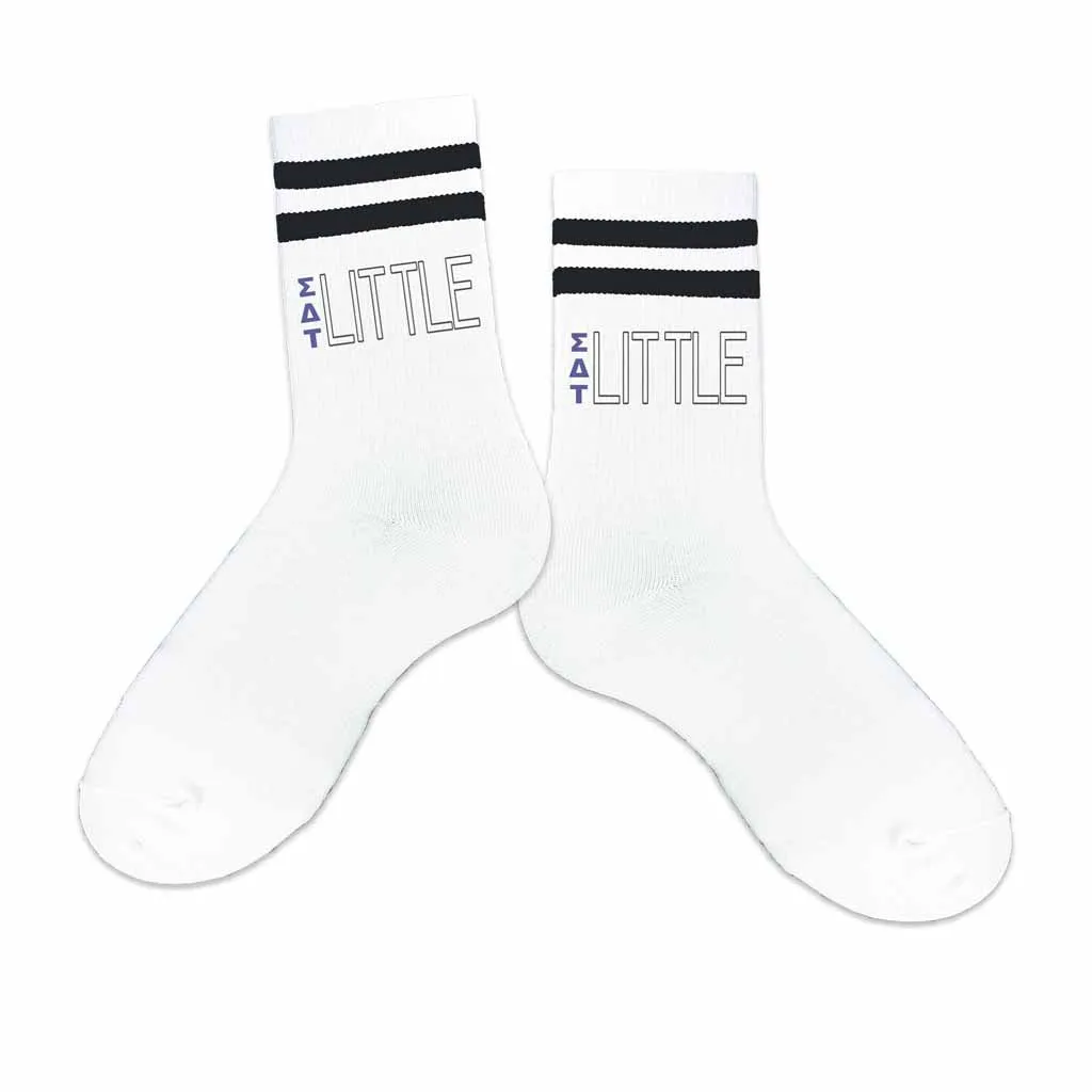 Sigma Delta Tau Sorority Socks for your Big and Little with Greek Letters on Striped Cotton Crew Socks