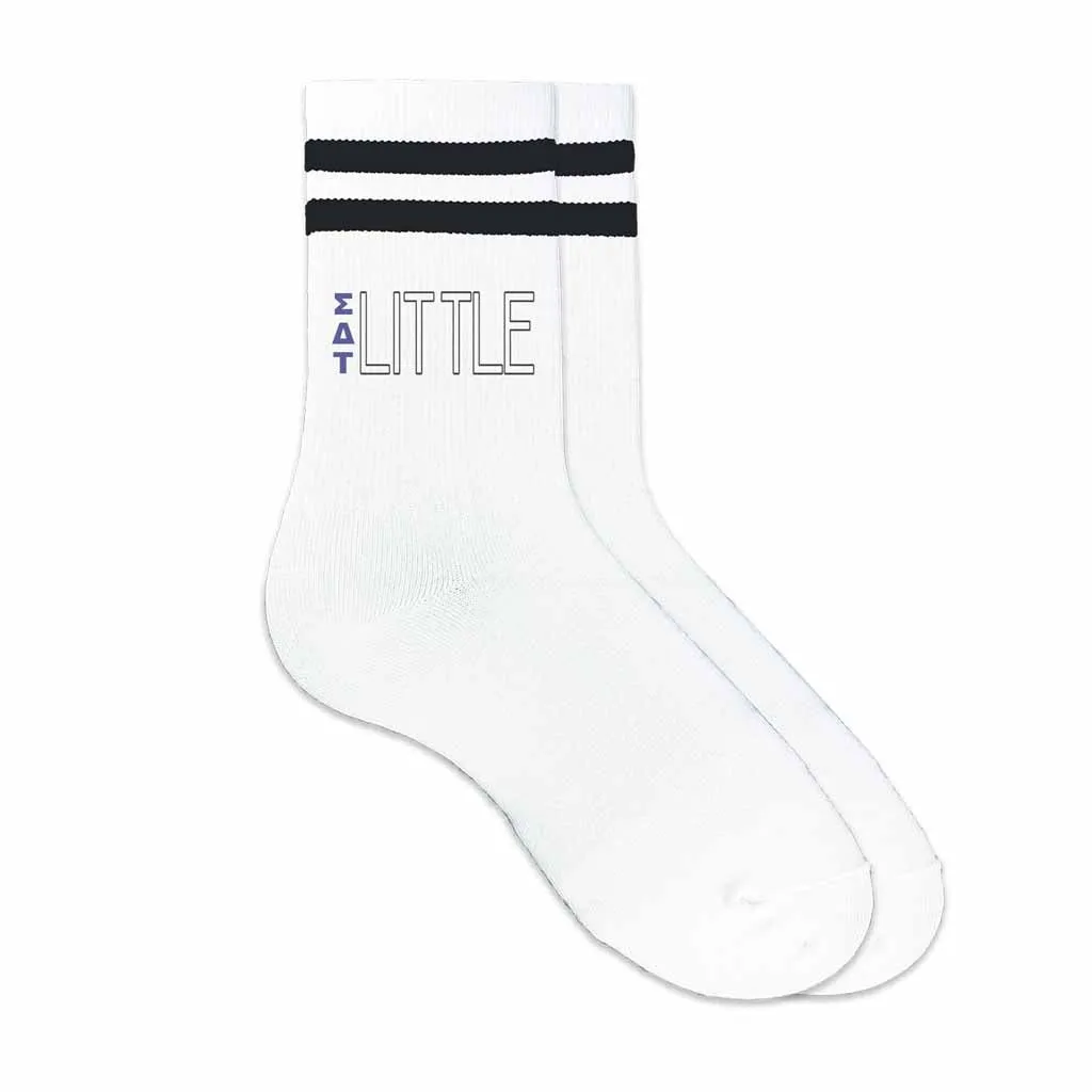 Sigma Delta Tau Sorority Socks for your Big and Little with Greek Letters on Striped Cotton Crew Socks